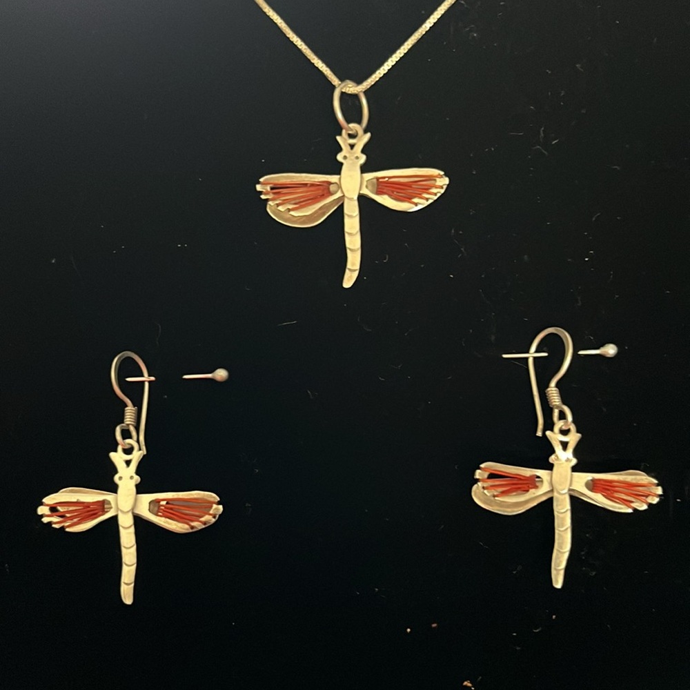 Vintage 925 Silver Plated ‘Market’ Set Of Dragon Fly Necklace & Earrings - Picture 2 of 10